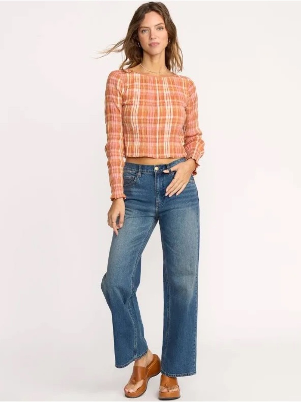 Billabong NWT Check Me Out Long Sleeve Smocked Crop Top Sunburnt Women Size M - Picture 5 of 15